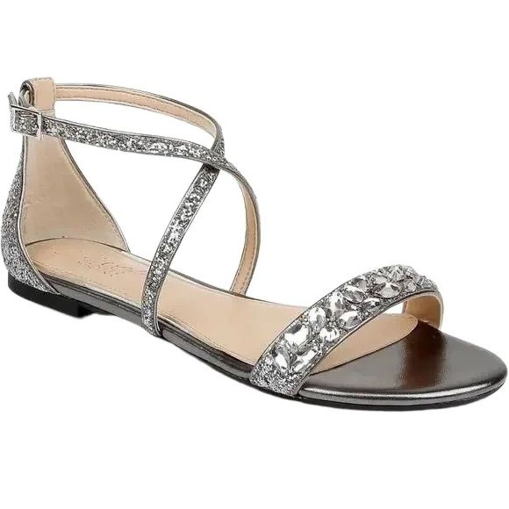 Jewel Badgley Mischka Flat Sandals 5 Jeweled Ankle Strap Formal Dressy Silver